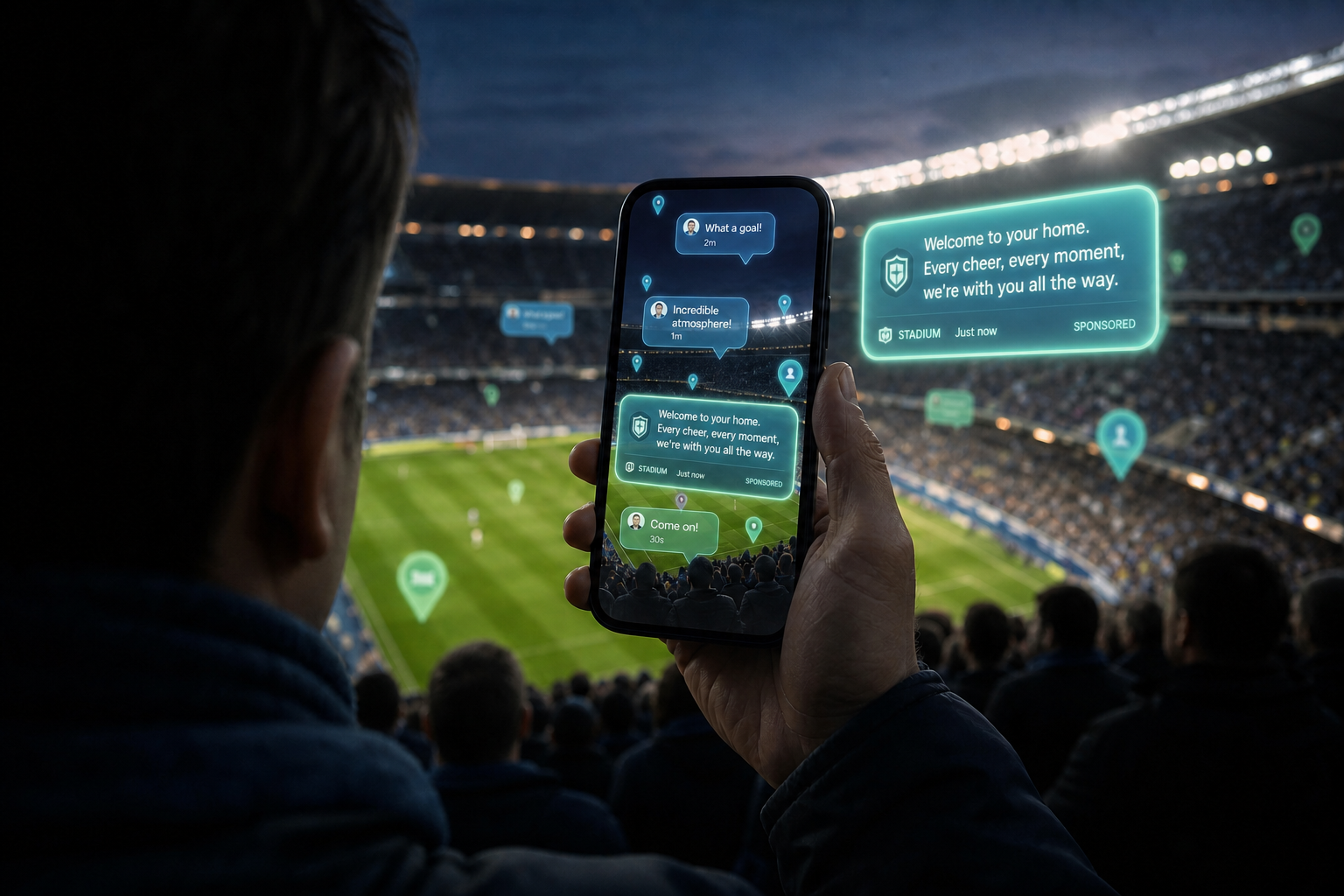 Fan using a phone in a packed stadium with spatial Synes visible over the pitch.